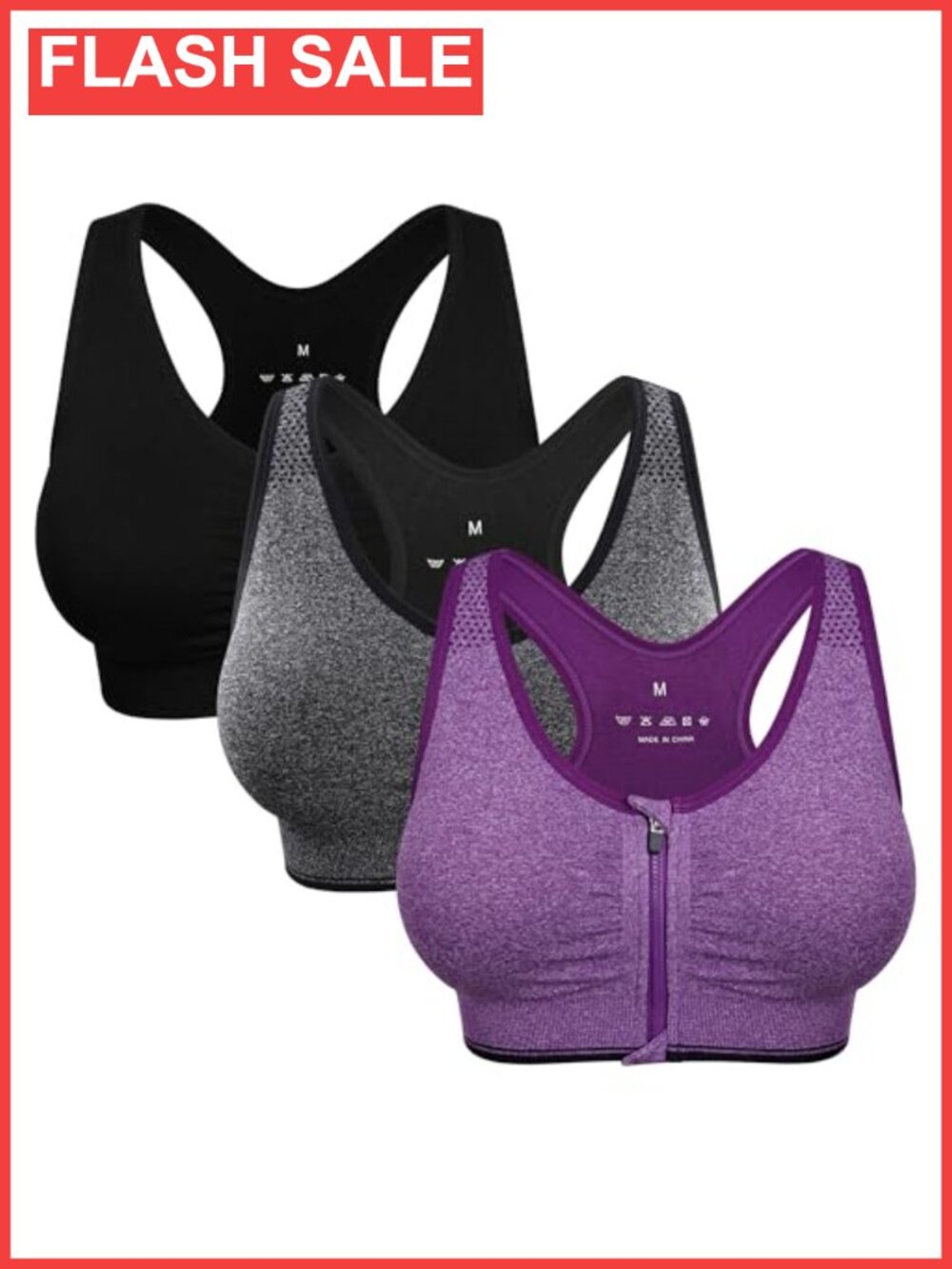 Women's Zip Front Sports Bra Wireless Post-Surgery Racerback Medium Support